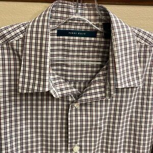 PERRY ELLIS men’s cotton button down plaid casual shirt blue white red size Med